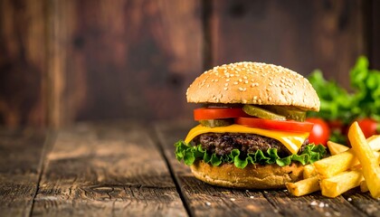 Delicious burger on a rustic wooden table