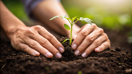 Fototapeta premium Person planting green sprout in soil part of sustainable food system and waste management. Careful hands nurture new life for future growth and environmental care