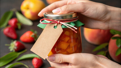 Woman hand holding homemade fruit jam jar. Canning fresh peach and strawberry preserve represents good food waste management sweet and thoughtful homemade gift