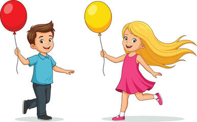 Happy children running with balloons, boy and girl playing, fun outdoor activity, childhood joy, colorful party illustration, kids celebration art