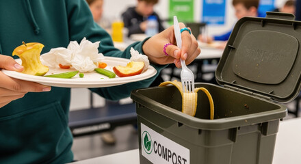 Responsible student learning about food waste management by sorting leftovers. This sustainable practice in school cafeteria teaches environmental care using compost bin