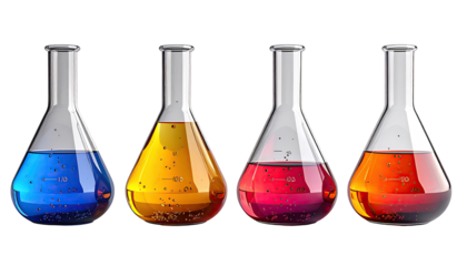 Four beakers filled with different colored liquids