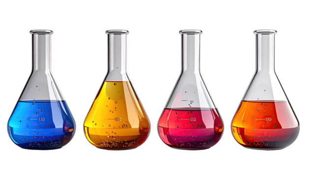 Four beakers filled with different colored liquids