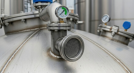 Close up of industrial steel tank equipment with pressure gauge and pipe. precise modern system used in food production and for effective liquid waste management