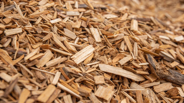 Pile of wood chip for biofuel renewable energy from forest waste management. This biomass material not for food but for sustainable heat and power production