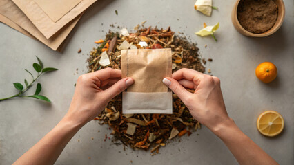 Mindful food waste management with organic compost. person carefully places tea bag on pile of scraps for recycling showing sustainable and eco friendly lifestyle