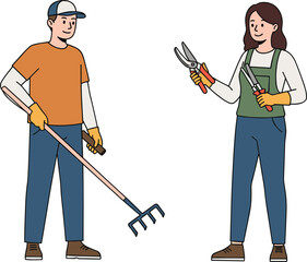 Outdoor gardening teamwork, pruning shears, rake, casual work clothes, spring yard maintenance, horticulture, teamwork, landscaping, gloves, apron, garden tools, soil care, green space, plant trimming