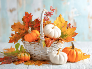 Autumn-themed basket filled with vibrant pumpkins and colorful leaves, showcasing seasonal decor and natural elements, perfect for celebrating fall harvest and festive gatherings