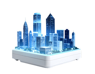 A city skyline with buildings and lights