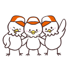 笑顔の仲間で並ぶ白い鳥のイラスト