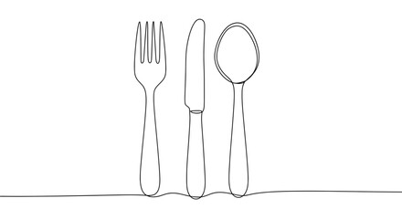 Cutlery set of fork, knife, and spoon in minimalist line art style  