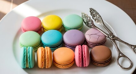 Obraz premium Colorful Macarons on a White Plate with Silver Tongs.