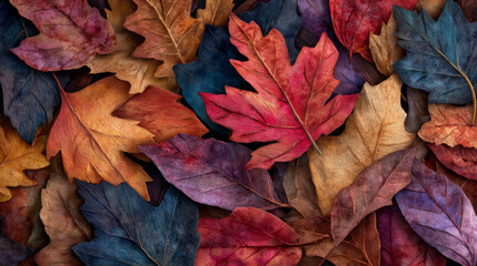 Obraz premium Collection of colorful autumn leaves scattered on the ground. Red, orange, brown, dark blue leaves of maple and oak shapes layered. Autumn warm and cozy background. Generative AI