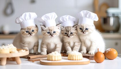 Four adorable kittens in chef hats, preparing treats in a kitchen