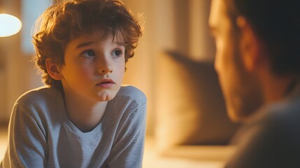 Portrait of a young boy talking to his father family conversation and childhood memories concept image