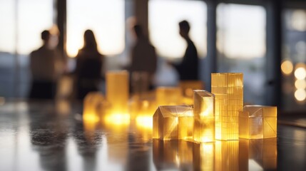 The illuminated glass models showcasing modern architectural design in a cozy workspace.