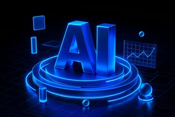 Futuristic glowing blue ai lettering with abstract digital data visualizations and circuit board elements on a dark background
