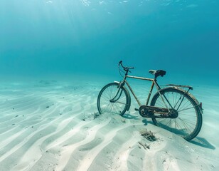 Fototapeta premium Abandoned Bicycle Submerged: A vintage bicycle rests submerged underwater on a seabed, the ethereal blue light creates a haunting and tranquil scene of forgotten journeys.