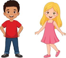 Smiling boy and girl standing together, cute children in casual clothes, happy kids isolated, childhood portrait, friendship, cheerful expression, cartoon style