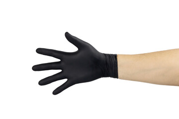 Open hand palm gesture in a black nitrile medical glove for protective or showing concepts, isolated on white background with clipping path.