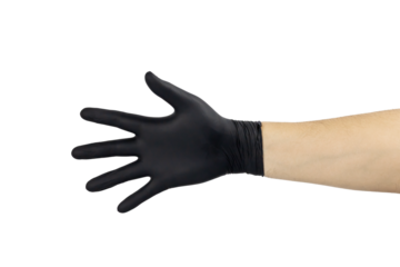 Open hand palm gesture in a black nitrile medical glove for protective or showing concepts, isolated on white background with clipping path.