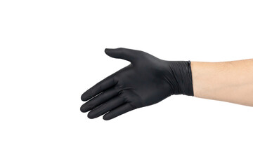 Fototapeta premium Business handshake gesture in a black nitrile glove symbolizing a medical or protective agreement, isolated on white background with clipping path.