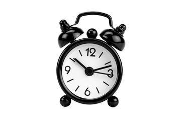 Black vintage retro alarm clock for time, morning, and wake-up deadline concepts, isolated on white background with clipping path.