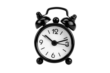 Black vintage retro alarm clock for time, morning, and wake-up deadline concepts, isolated on white background with clipping path.
