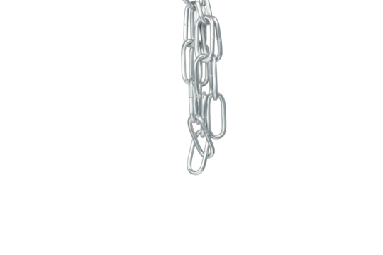 Hanging silver metal chain with links representing connection, strength, or industrial concepts, isolated on white background with clipping path.