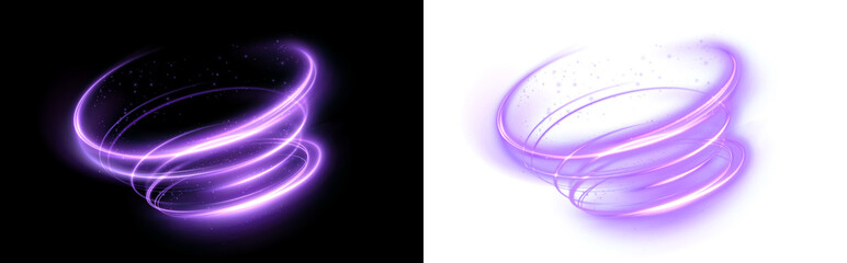 Fototapeta premium Abstract purple light swirl illustration with glowing rings and sparkles on contrasting black and white backgrounds, perfect for creative design projects and digital art applications