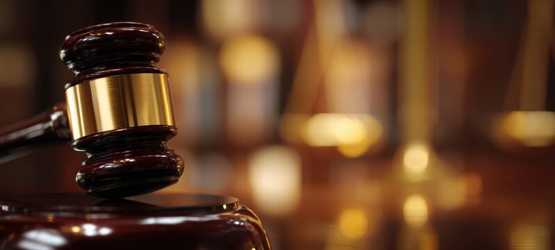 The gavel symbolizing justice in a courtroom setting with blurred background.