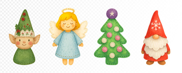 Christmas characters set with elf in tree hat, angel with wings, decorated Christmas tree and gnome in red hat, festive cozy watercolor holiday design. Vector illustration.