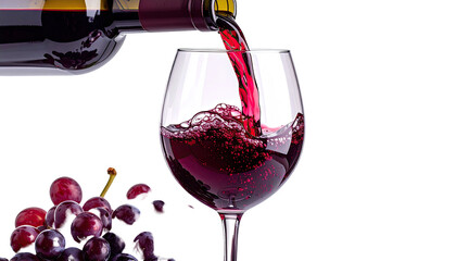 Red wine pouring into glass with grapes