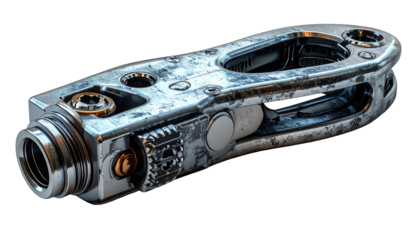 Futuristic, metallic device with aged texture