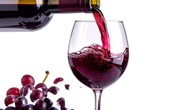 Red wine pouring into glass with grapes