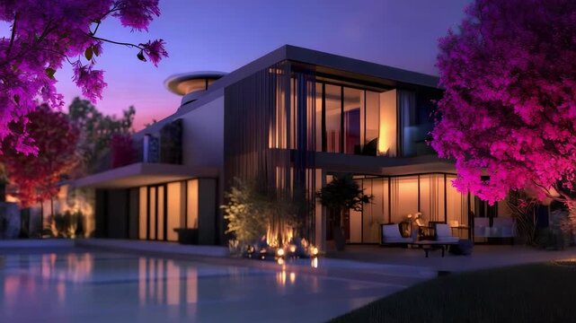 A modern house at dusk with purple lighting and pink trees, featuring a large outdoor speaker on a deck.