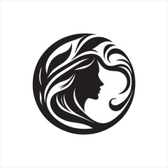 Elegant Woman Silhouette with Flowing Hair in Circular Design.