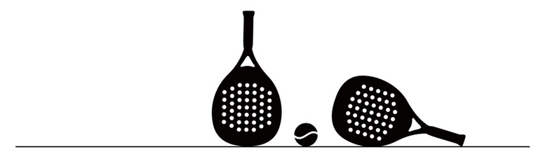 silhouette of two padel rackets in a lying and standing position and a ball on a straight line. a trendy sports concept