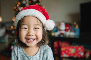 Close up portrait of asian child girl smiling happy wearing santa Claus hat at home.