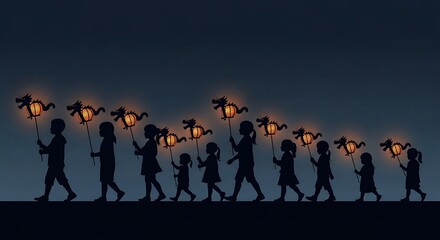 Silhouetted Children Carrying Illuminated Dragon Lanterns in a Magical Night Parade