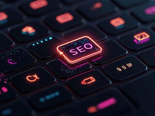 Obraz premium Search engine results with glowing keywords on simple background, SEO concept