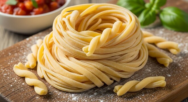 Delicious pasta nest on a wooden board with fresh ingredients.