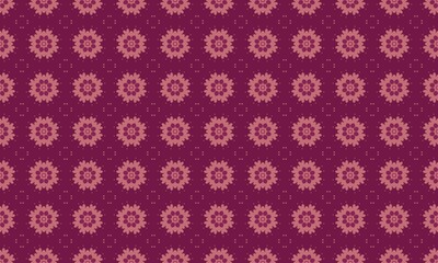 A floral pattern with symmetrical flower shapes on a dark purple colored background and small dots