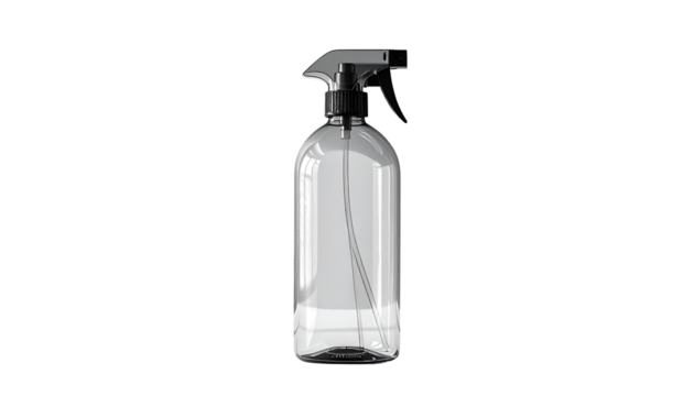 Clear plastic spray bottle, side view