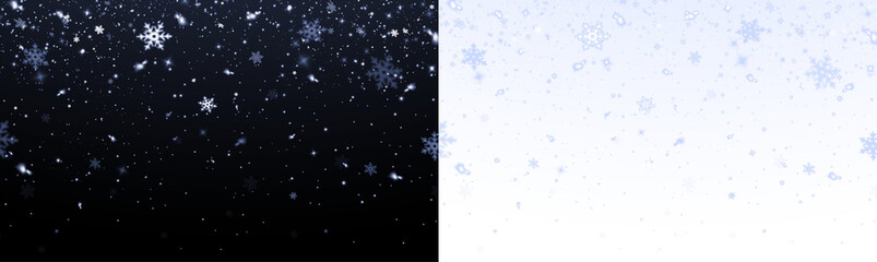Snowflake overlay illustration featuring delicate white snowflakes on contrasting dark and light backgrounds, perfect for winter-themed designs and seasonal decorations with copy space