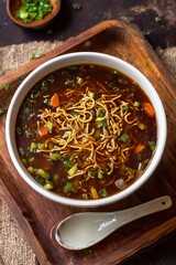 Manchow soup with fried noodles, vegetables, and spring onions in ceramic bowl