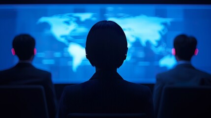 Holographic conferencing setup, participants appearing as 3D projections, global collaboration, futuristic meetings. 