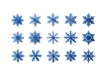 Fifteen distinct, intricate blue snowflake icons, meticulously arranged in three neat rows on a pristine transparent background with subtle shimmering dust, commercial product display