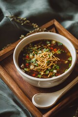 Indo-Chinese Manchow soup with fried noodles, vegetables, and spring onions in ceramic bowl