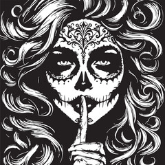 Sugar Skull Woman Vector — Black and White Stylized Illustration with Floral Face Patterns, Flowing Hair, and Silence Gesture